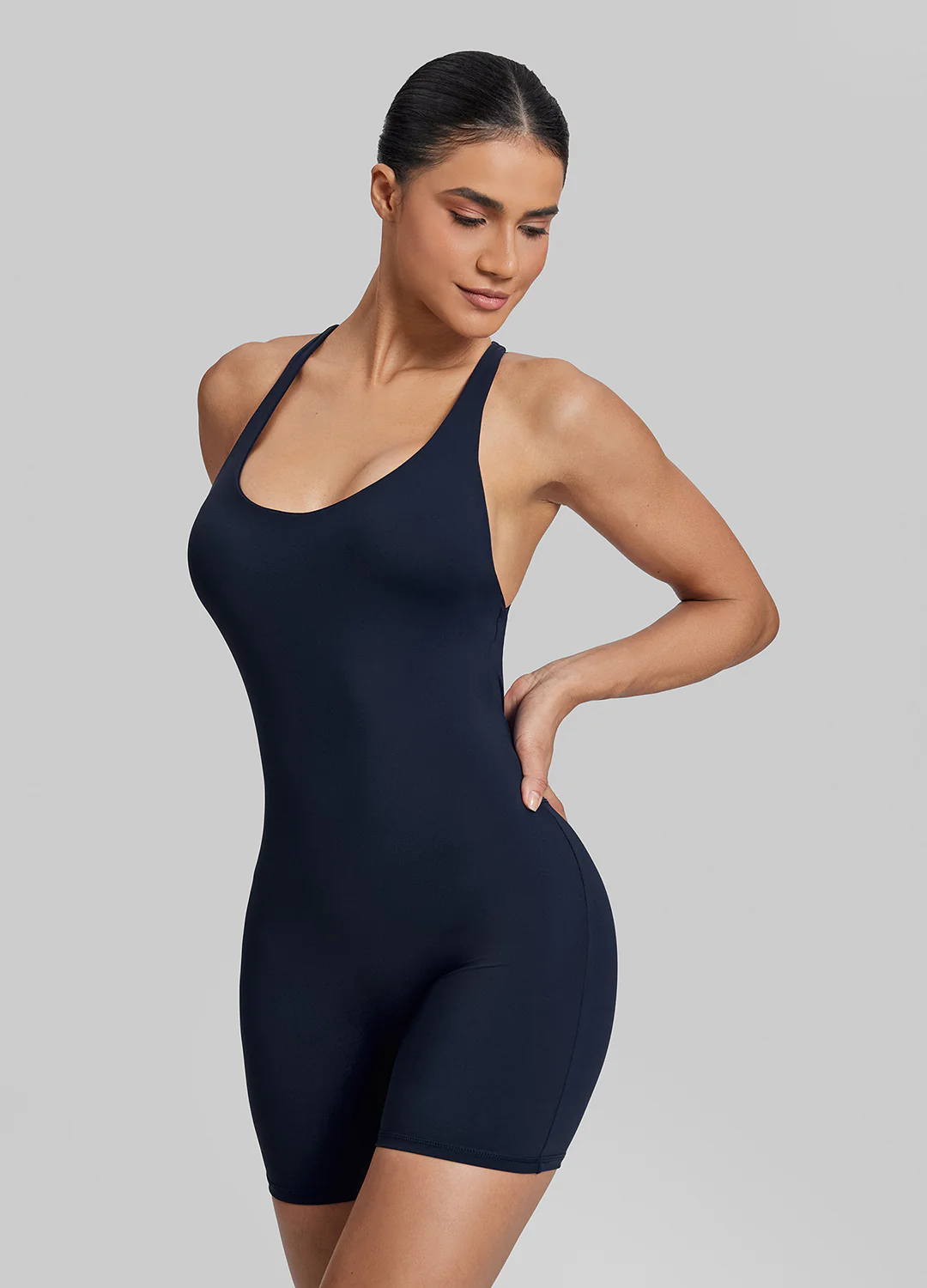 Form-Fitting Shorts Crossback Built-in Bra Sweat-Wicking Bodysuit - Image 6