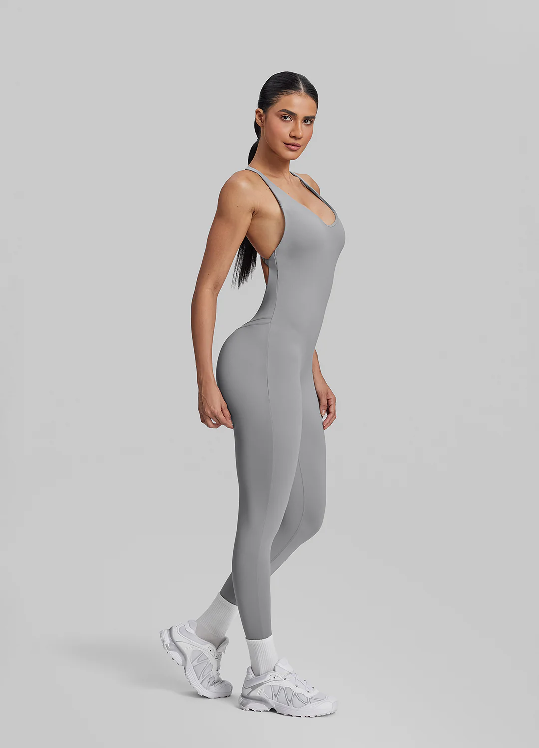 Form-Fitting Full Length Crossback Built-in Bra Sweat-Wicking Bodysuit - Image 2
