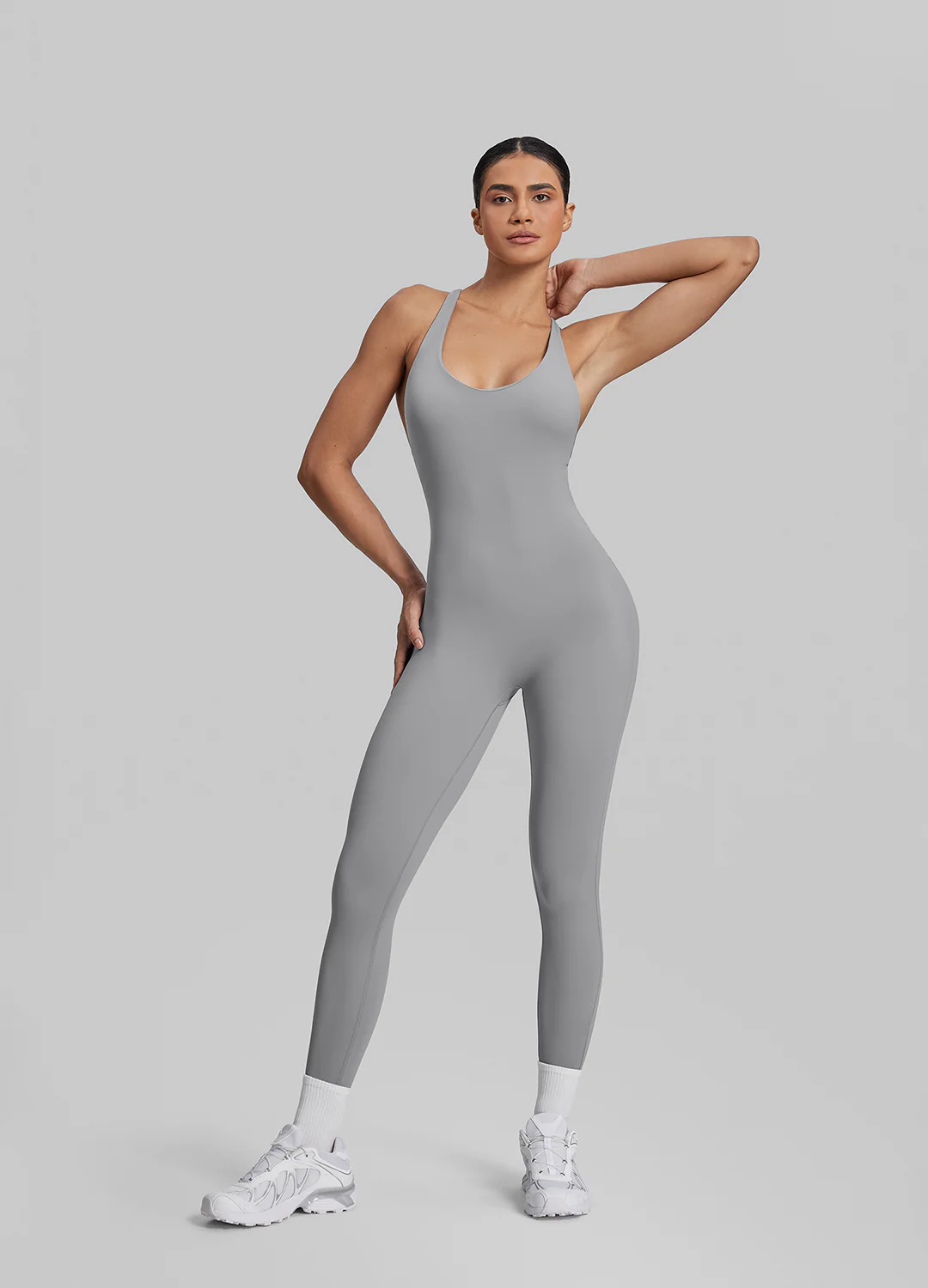 Form-Fitting Full Length Crossback Built-in Bra Sweat-Wicking Bodysuit - Image 5