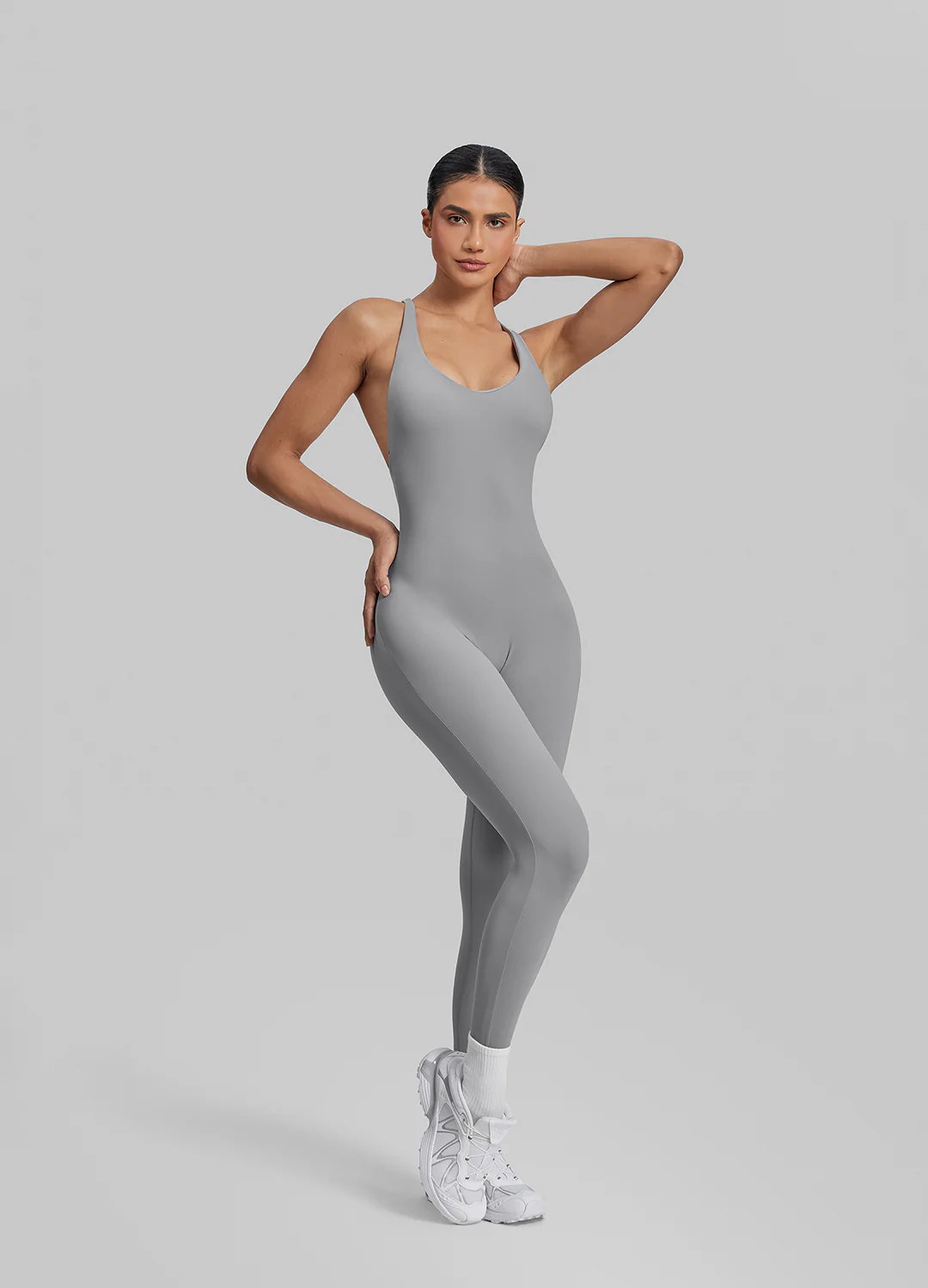 Form-Fitting Full Length Crossback Built-in Bra Sweat-Wicking Bodysuit - Image 6