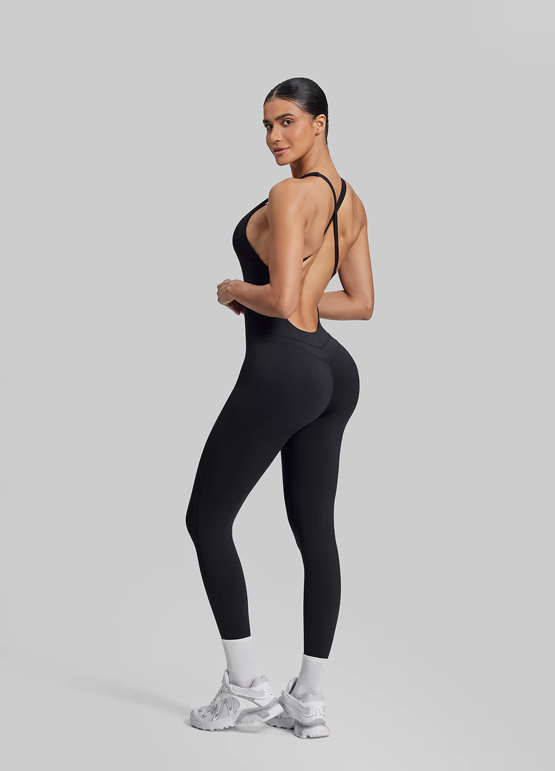 Form-Fitting Full Length Crossback Built-in Bra Sweat-Wicking Bodysuit - Image 2