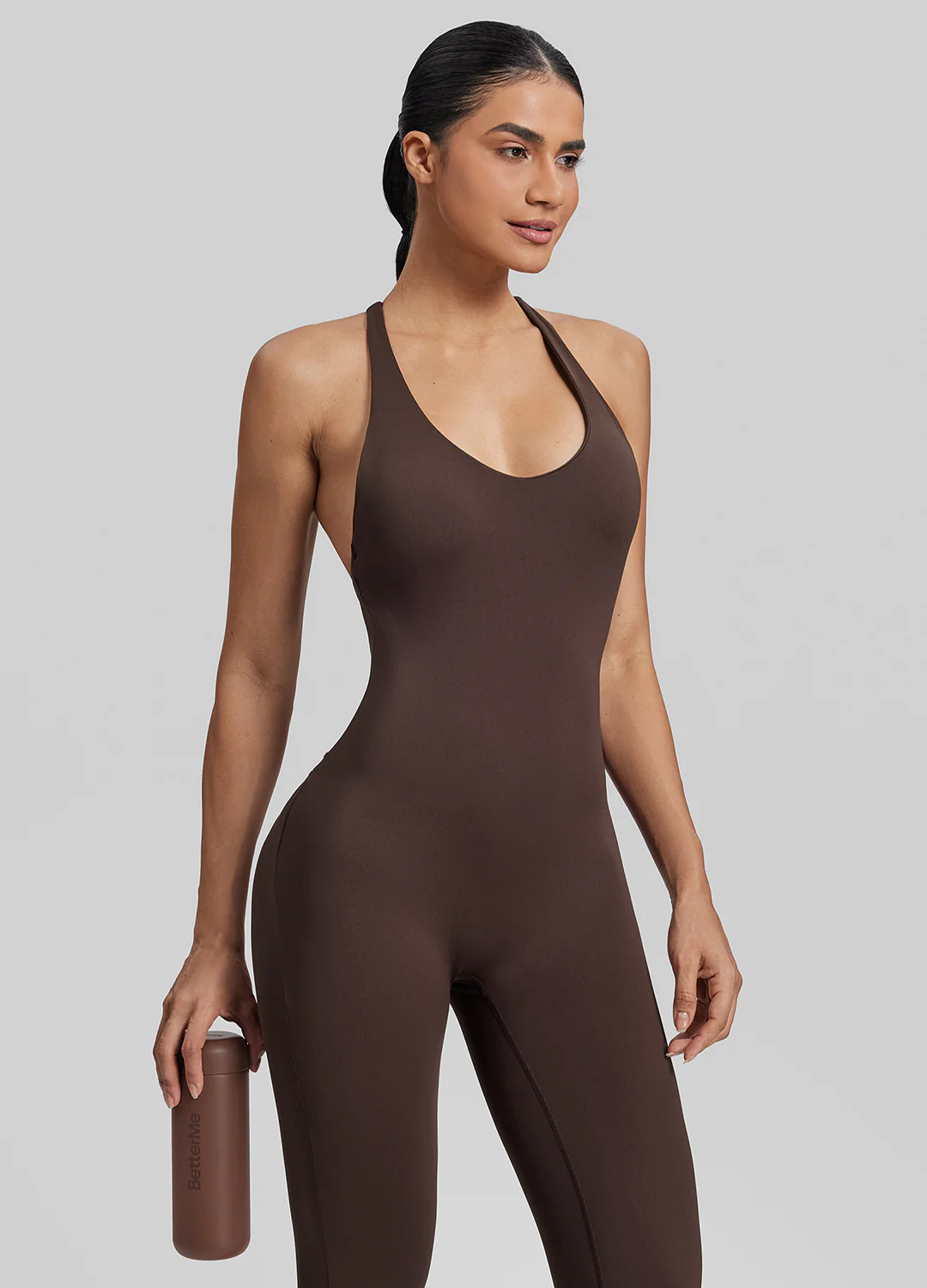 Form-Fitting Full Length Crossback Built-in Bra Sweat-Wicking Bodysuit - Image 6