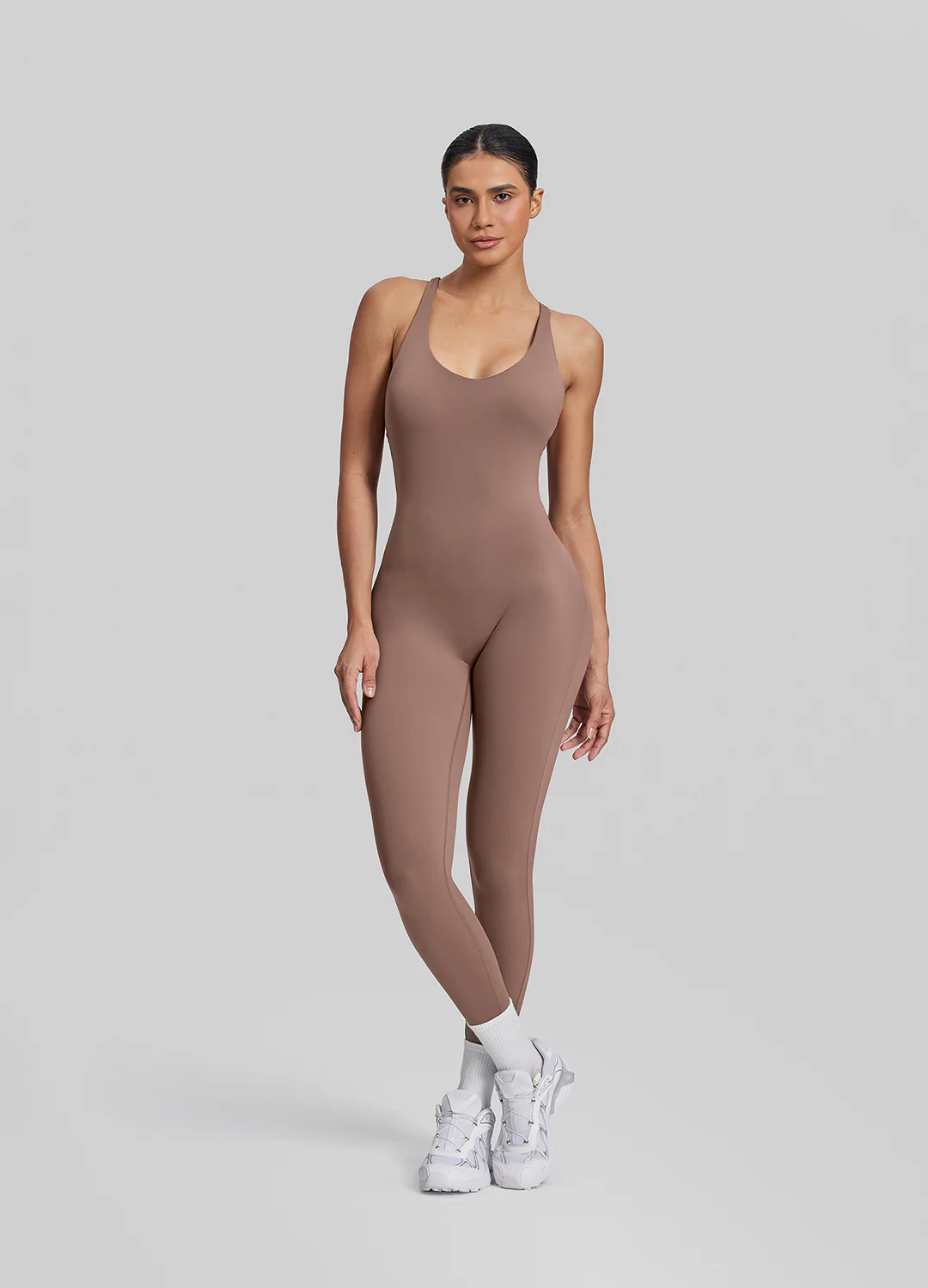 Form-Fitting Full Length Crossback Built-in Bra Sweat-Wicking Bodysuit