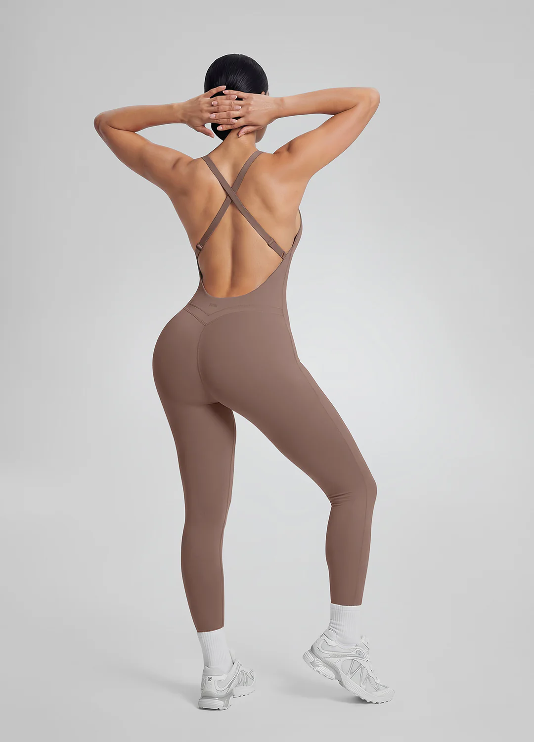 Form-Fitting Full Length Crossback Built-in Bra Sweat-Wicking Bodysuit - Image 3