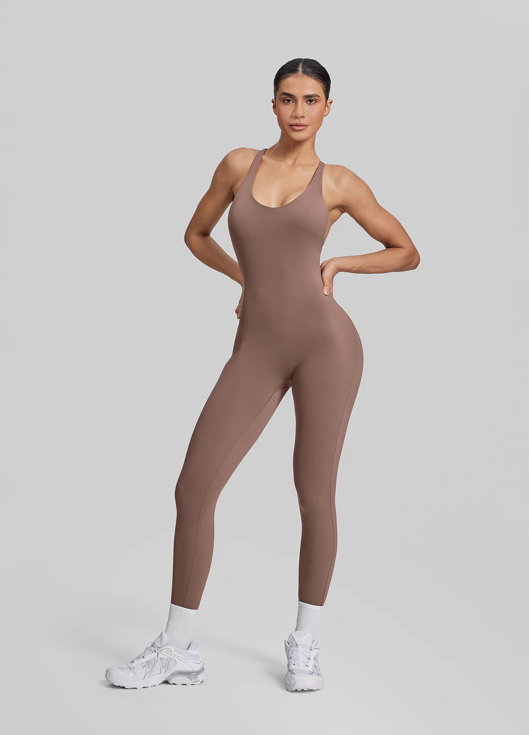 Form-Fitting Full Length Crossback Built-in Bra Sweat-Wicking Bodysuit - Image 6