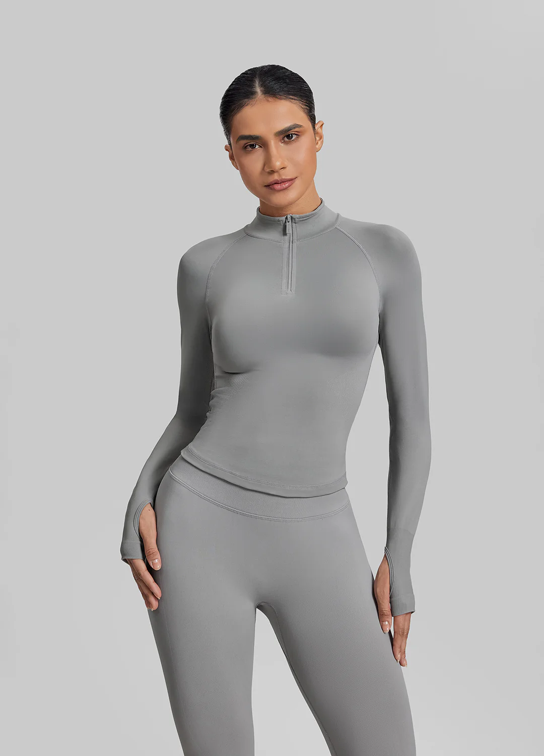 Ultrasculpt Longline Form-Fitting Seamless Thumb Hole Twill Knit Half-Zip Top