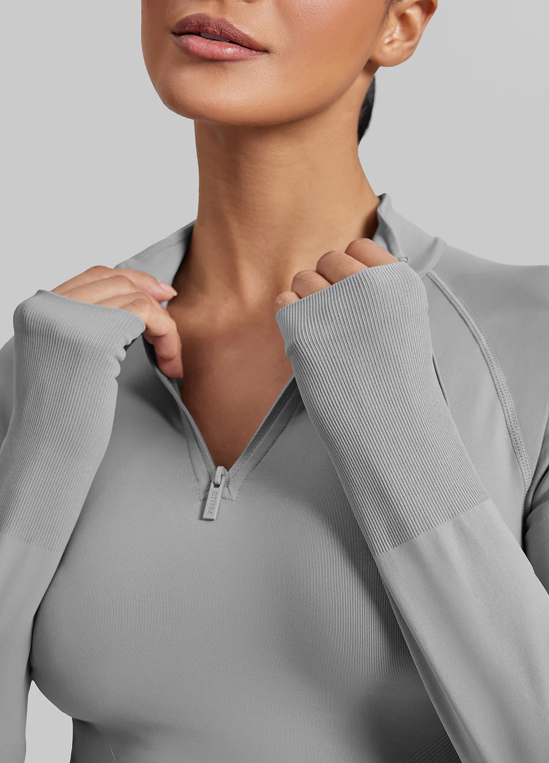 Ultrasculpt Longline Form-Fitting Seamless Thumb Hole Twill Knit Half-Zip Top - Image 4