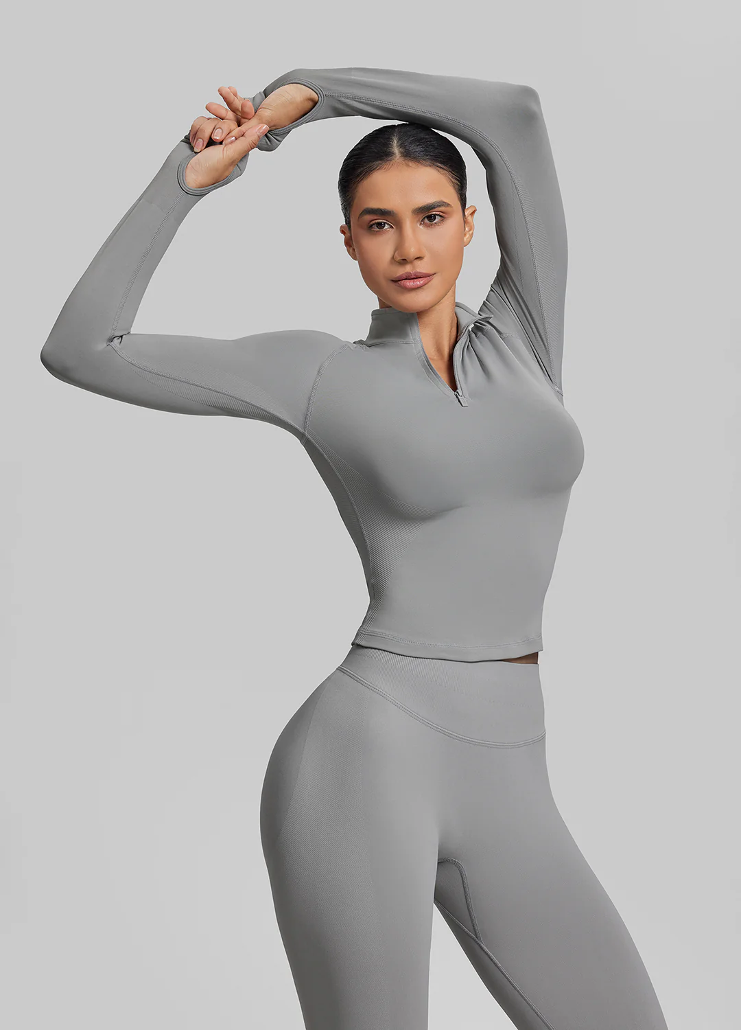Ultrasculpt Longline Form-Fitting Seamless Thumb Hole Twill Knit Half-Zip Top - Image 5