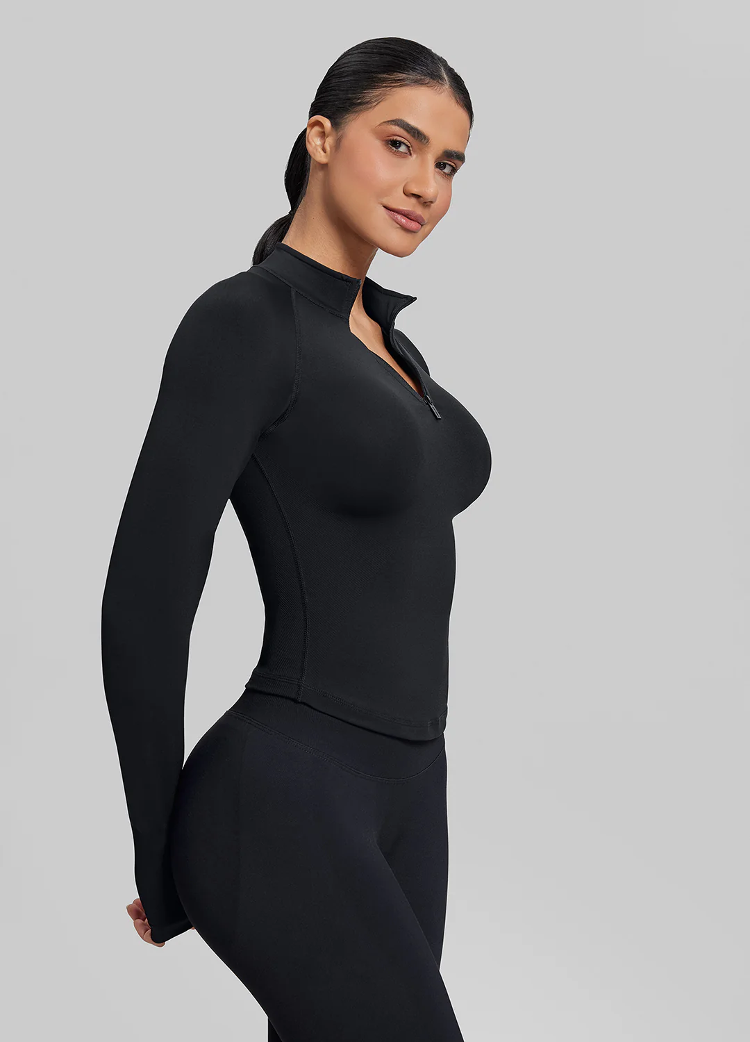 Ultrasculpt Longline Form-Fitting Seamless Thumb Hole Twill Knit Half-Zip Top - Image 5