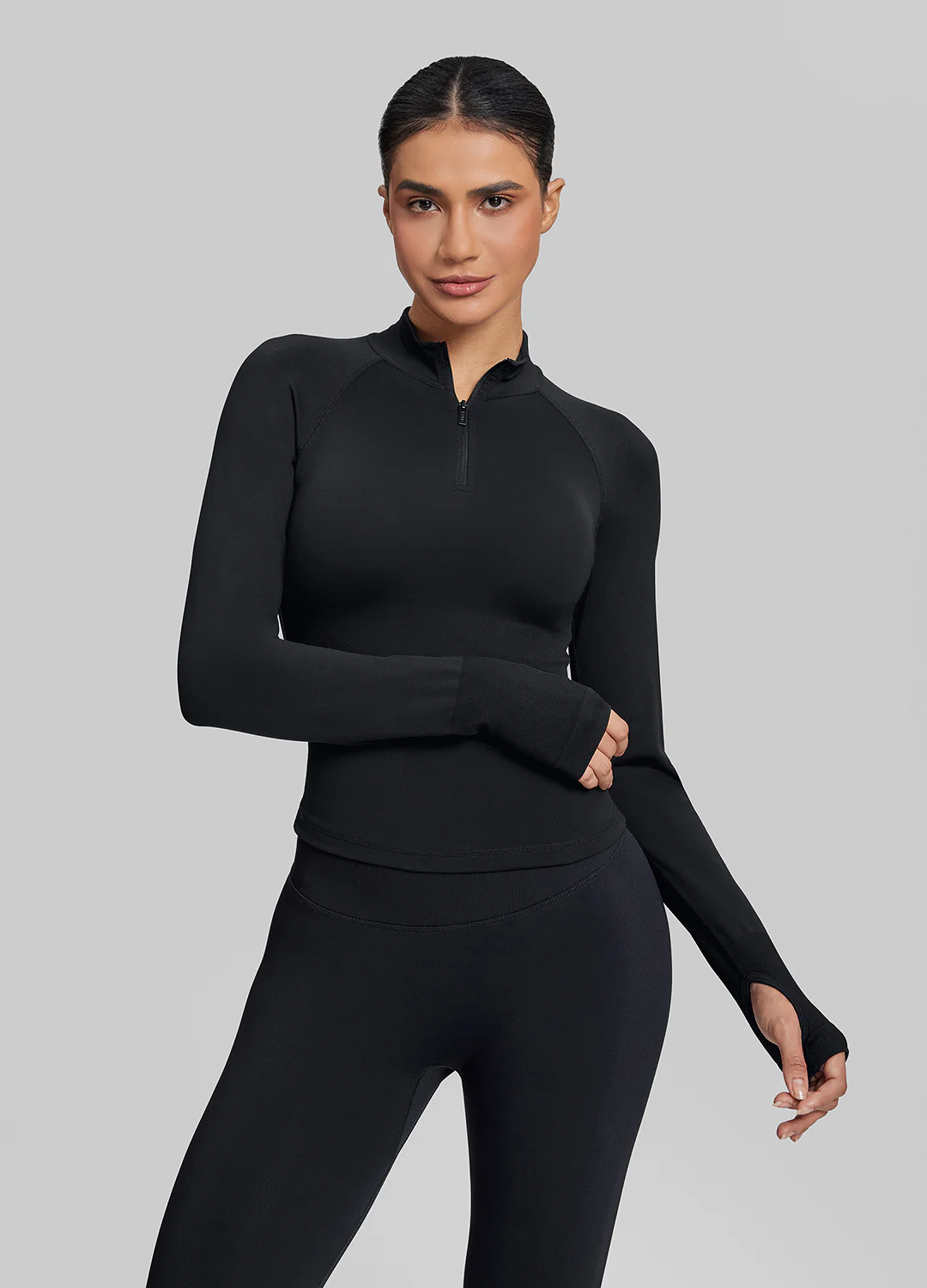 Ultrasculpt Longline Form-Fitting Seamless Thumb Hole Twill Knit Half-Zip Top - Image 6