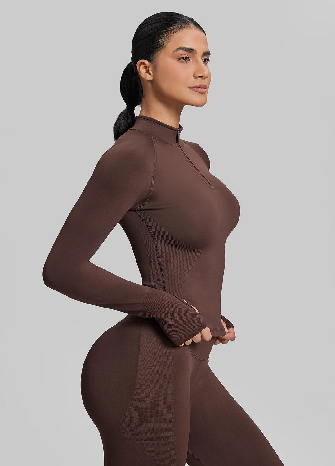 Ultrasculpt Longline Form-Fitting Seamless Thumb Hole Twill Knit Half-Zip Top - Image 2