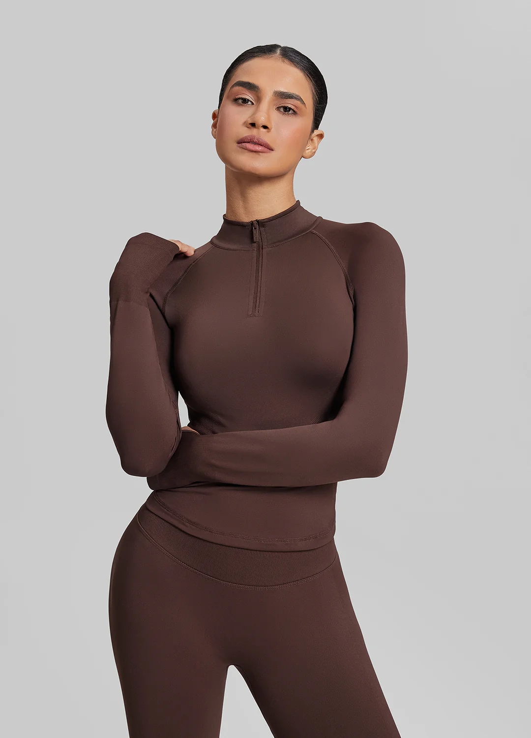 Ultrasculpt Longline Form-Fitting Seamless Thumb Hole Twill Knit Half-Zip Top - Image 4