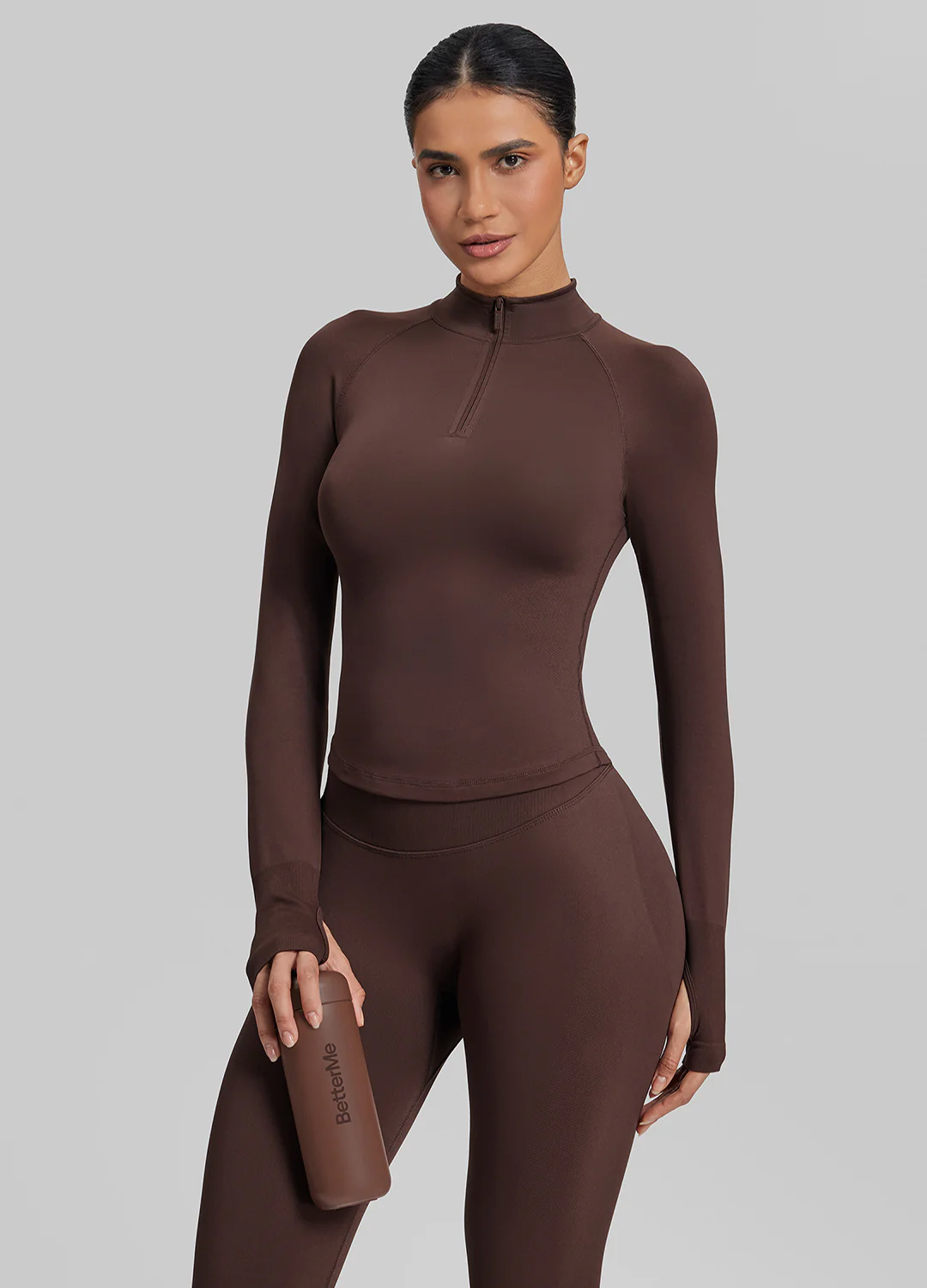 Ultrasculpt Longline Form-Fitting Seamless Thumb Hole Twill Knit Half-Zip Top - Image 6