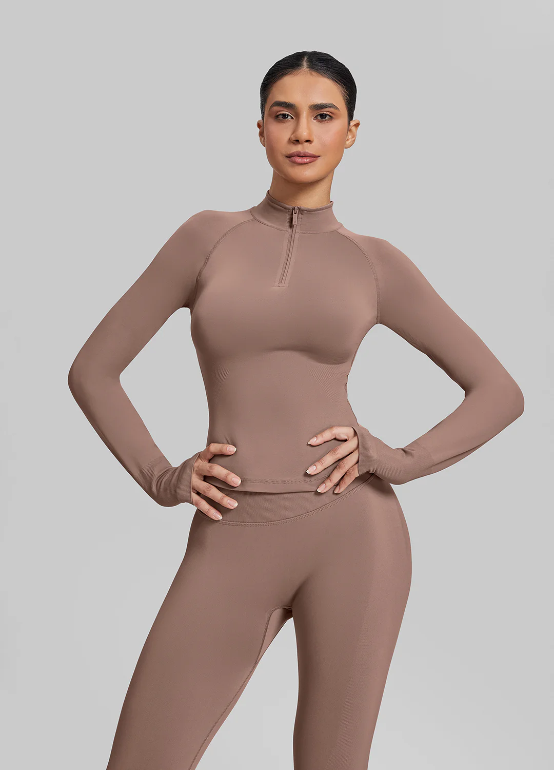 Ultrasculpt Longline Form-Fitting Seamless Thumb Hole Twill Knit Half-Zip Top - Image 5