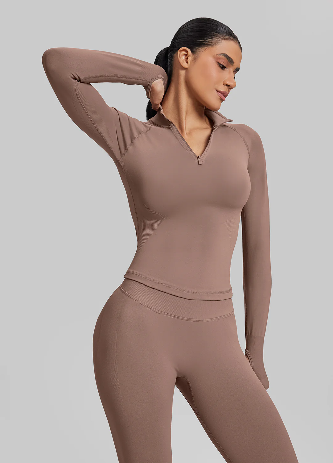 Ultrasculpt Longline Form-Fitting Seamless Thumb Hole Twill Knit Half-Zip Top - Image 6