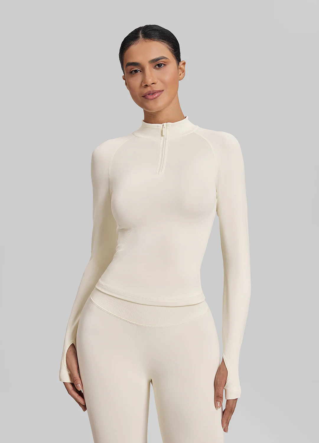 Ultrasculpt Longline Form-Fitting Seamless Thumb Hole Twill Knit Half-Zip Top