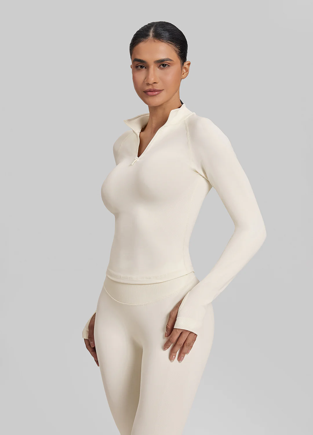 Ultrasculpt Longline Form-Fitting Seamless Thumb Hole Twill Knit Half-Zip Top - Image 2