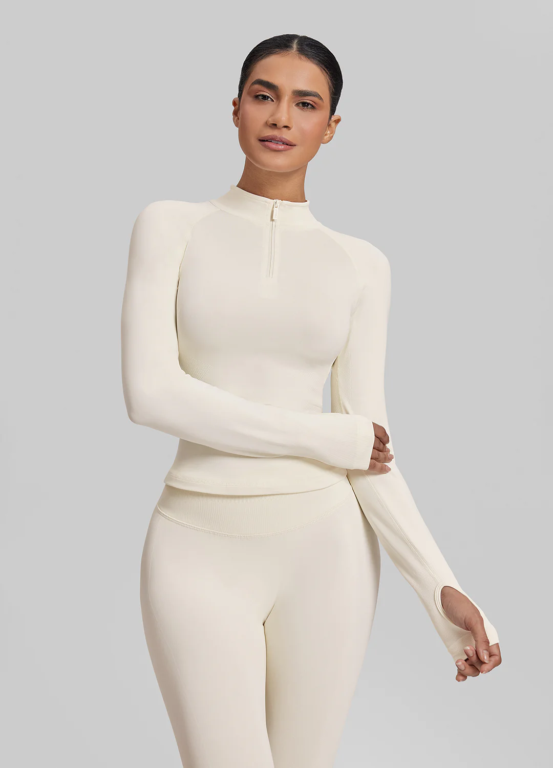Ultrasculpt Longline Form-Fitting Seamless Thumb Hole Twill Knit Half-Zip Top - Image 5