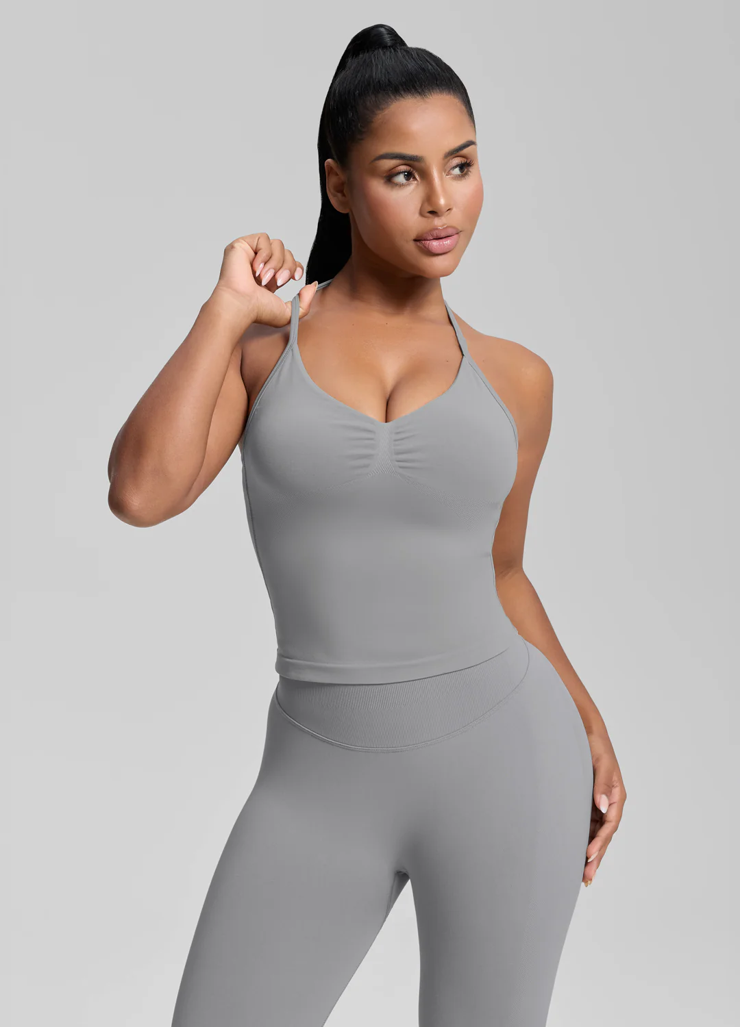 Ultrasculpt Longline Halterneck Form-Fitting Built-in Bra Twill Knit Tank Top - Image 5