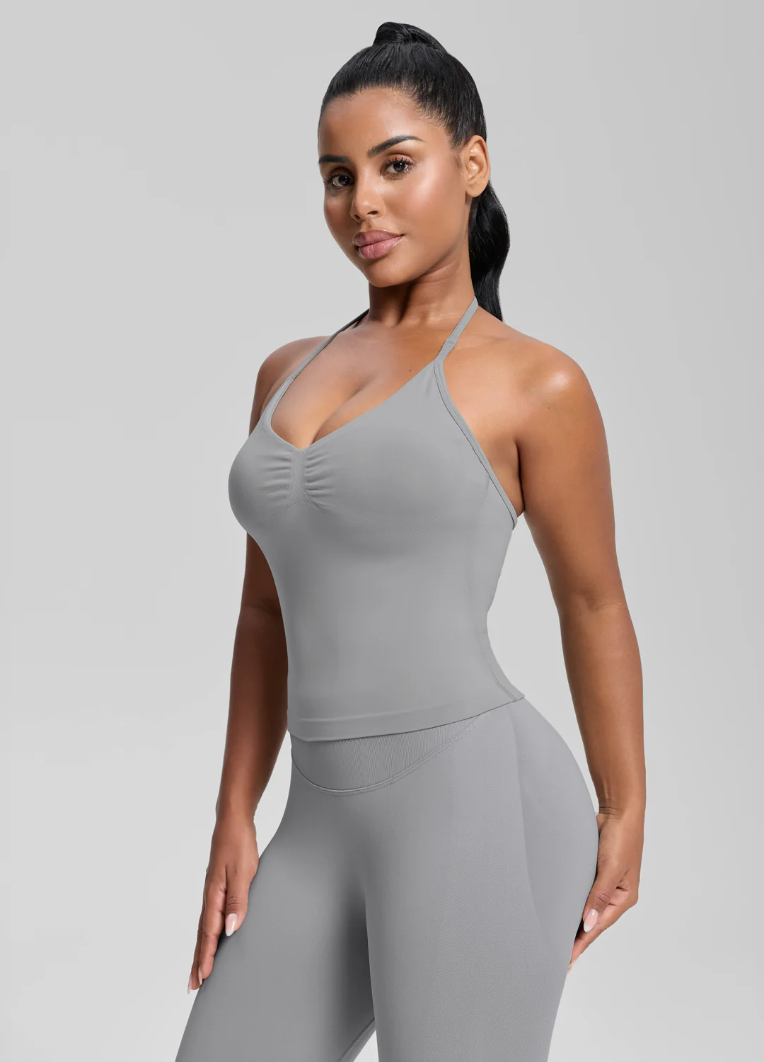 Ultrasculpt Longline Halterneck Form-Fitting Built-in Bra Twill Knit Tank Top - Image 6