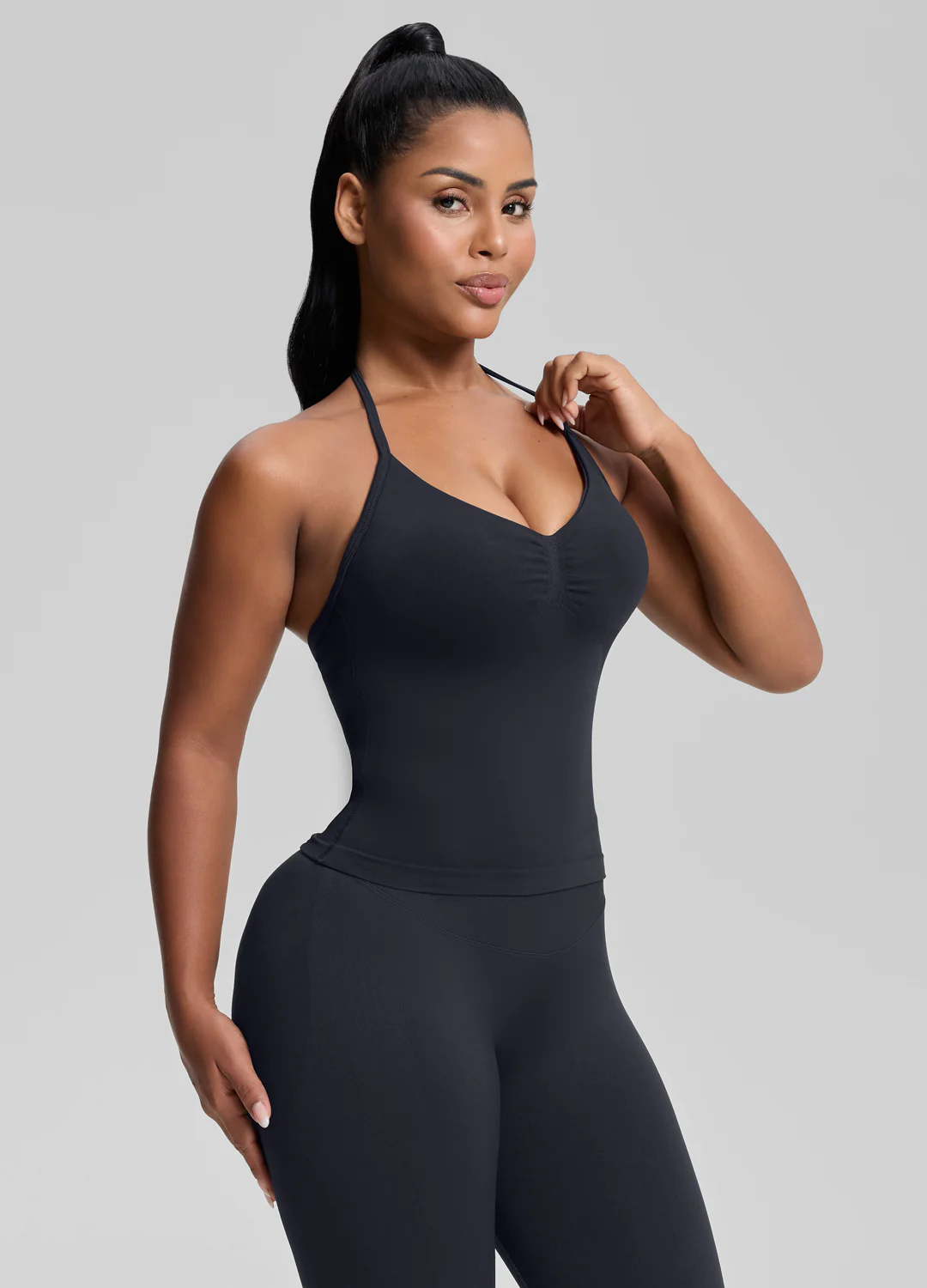 Ultrasculpt Longline Halterneck Form-Fitting Built-in Bra Twill Knit Tank Top - Image 2