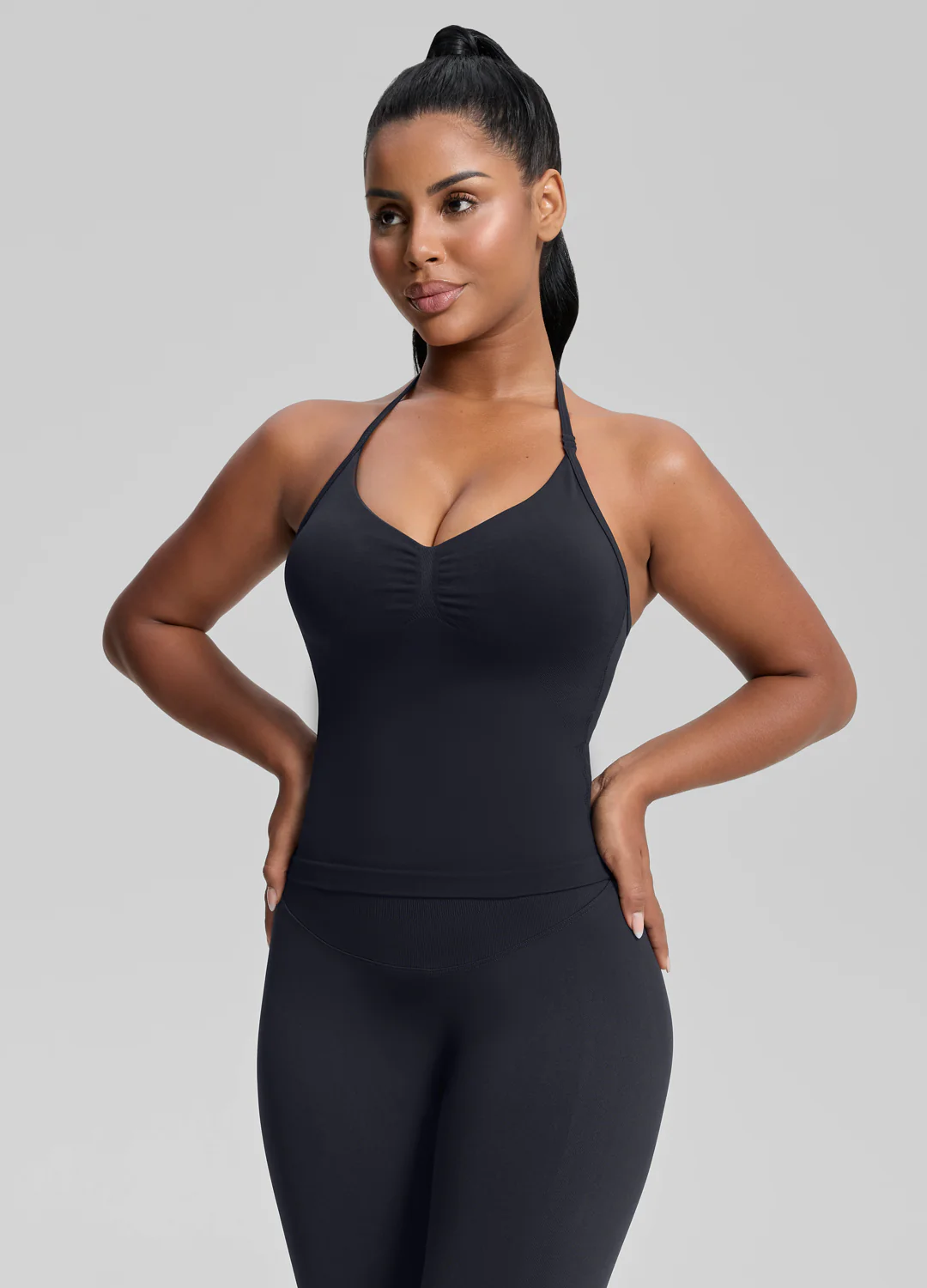 Ultrasculpt Longline Halterneck Form-Fitting Built-in Bra Twill Knit Tank Top - Image 5