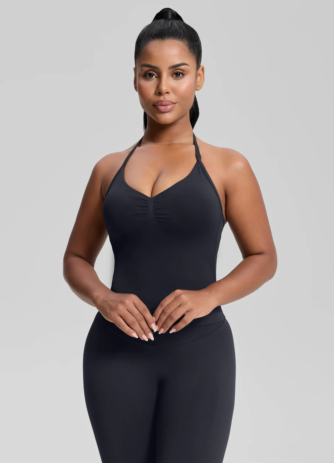 Ultrasculpt Longline Halterneck Form-Fitting Built-in Bra Twill Knit Tank Top - Image 6