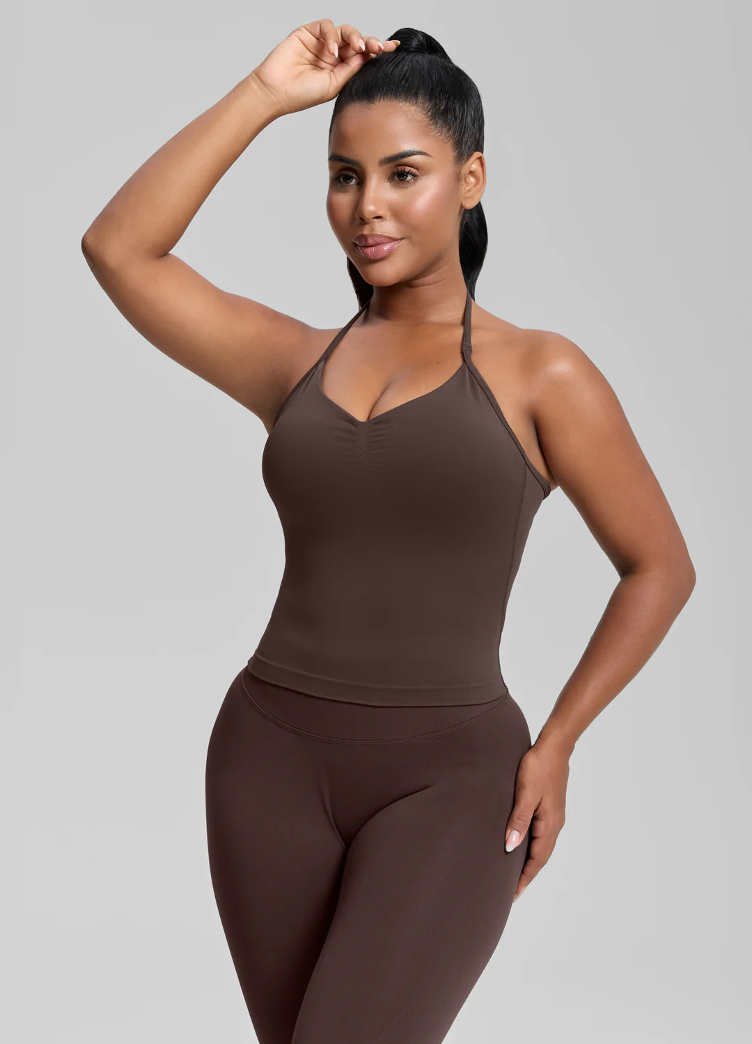 Ultrasculpt Longline Halterneck Form-Fitting Built-in Bra Twill Knit Tank Top