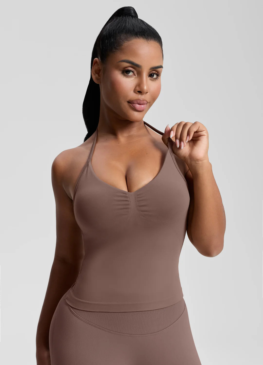 Ultrasculpt Longline Halterneck Form-Fitting Built-in Bra Twill Knit Tank Top - Image 4