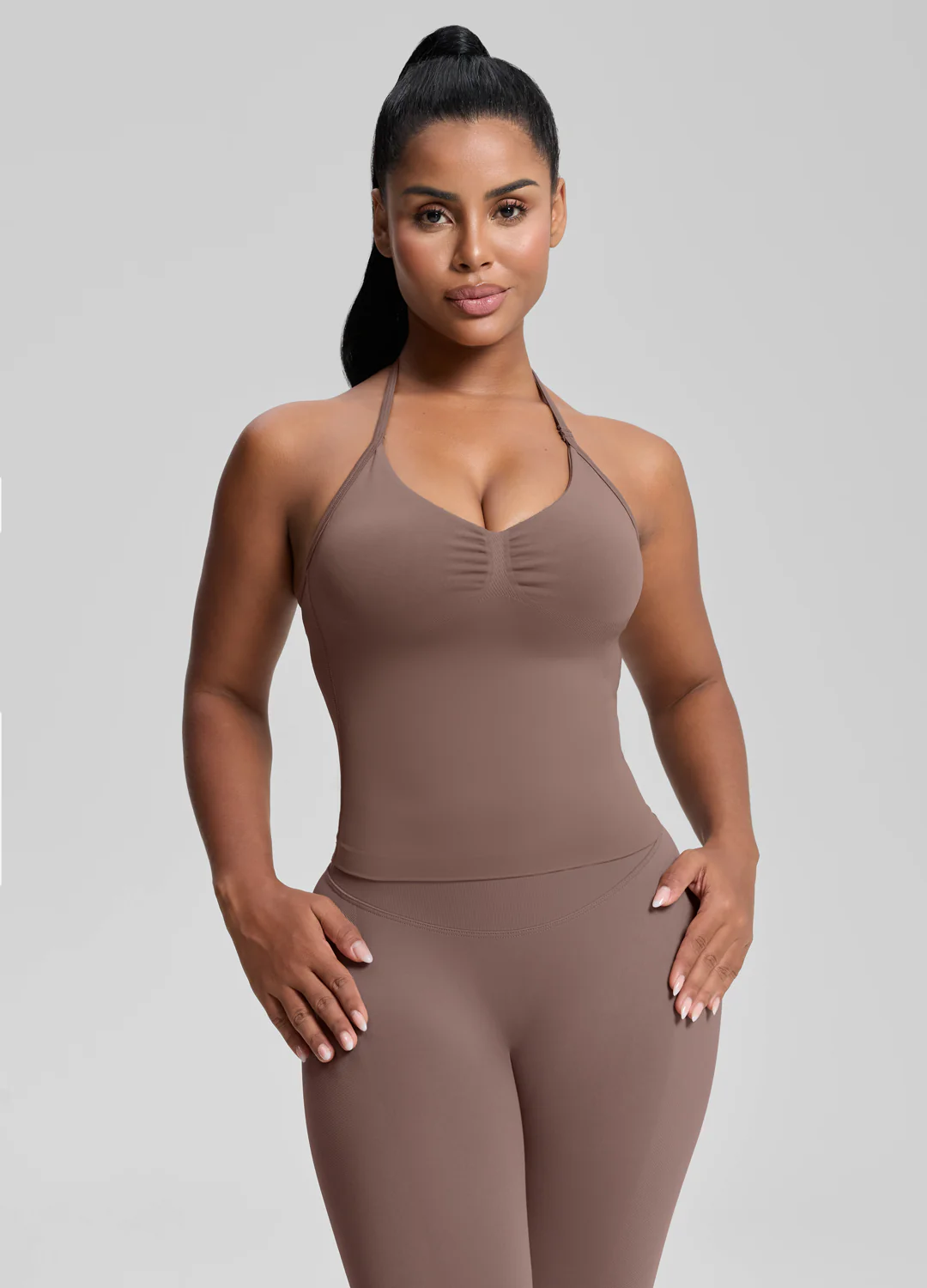 Ultrasculpt Longline Halterneck Form-Fitting Built-in Bra Twill Knit Tank Top - Image 5