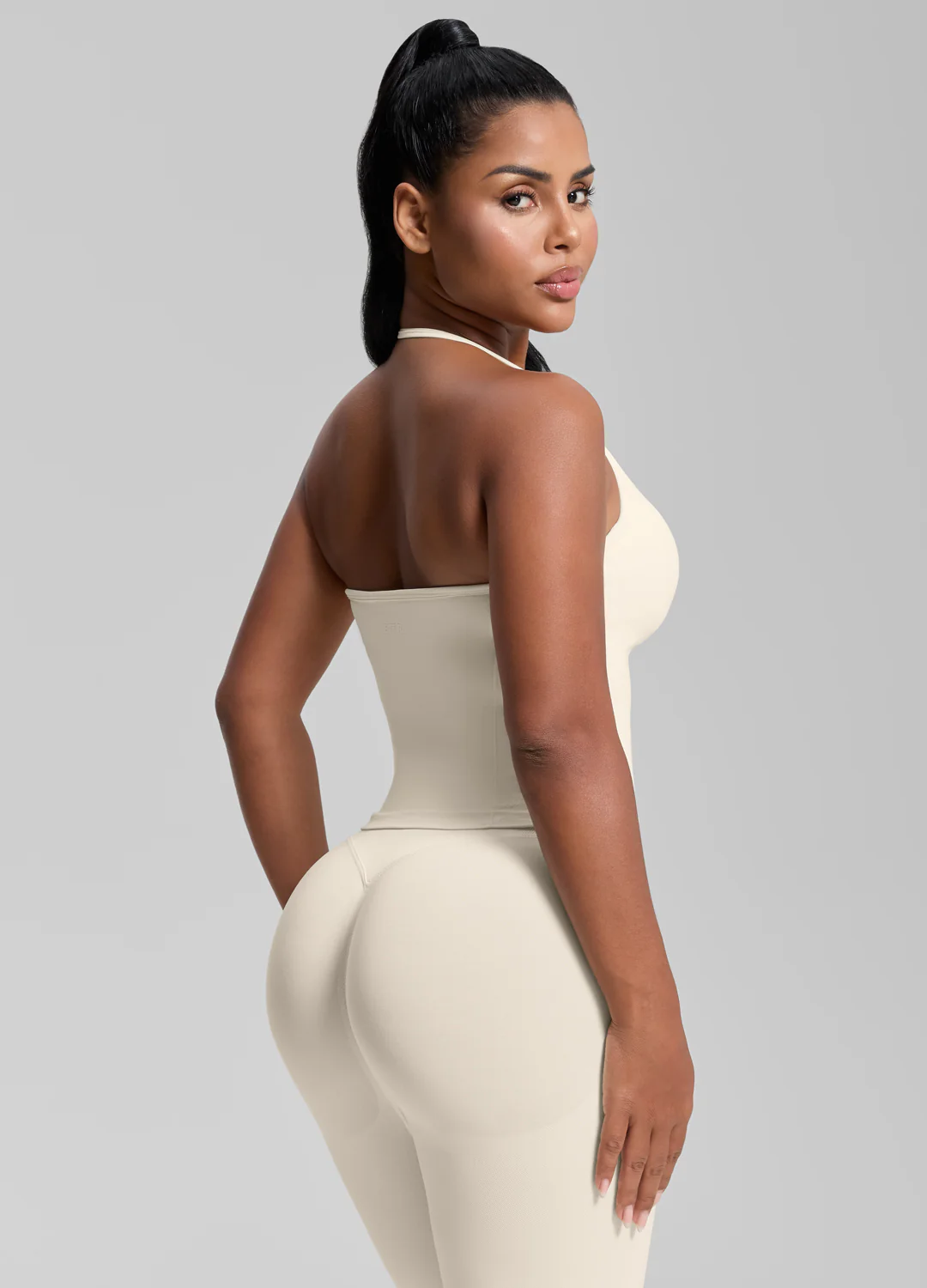 Ultrasculpt Longline Halterneck Form-Fitting Built-in Bra Twill Knit Tank Top - Image 2