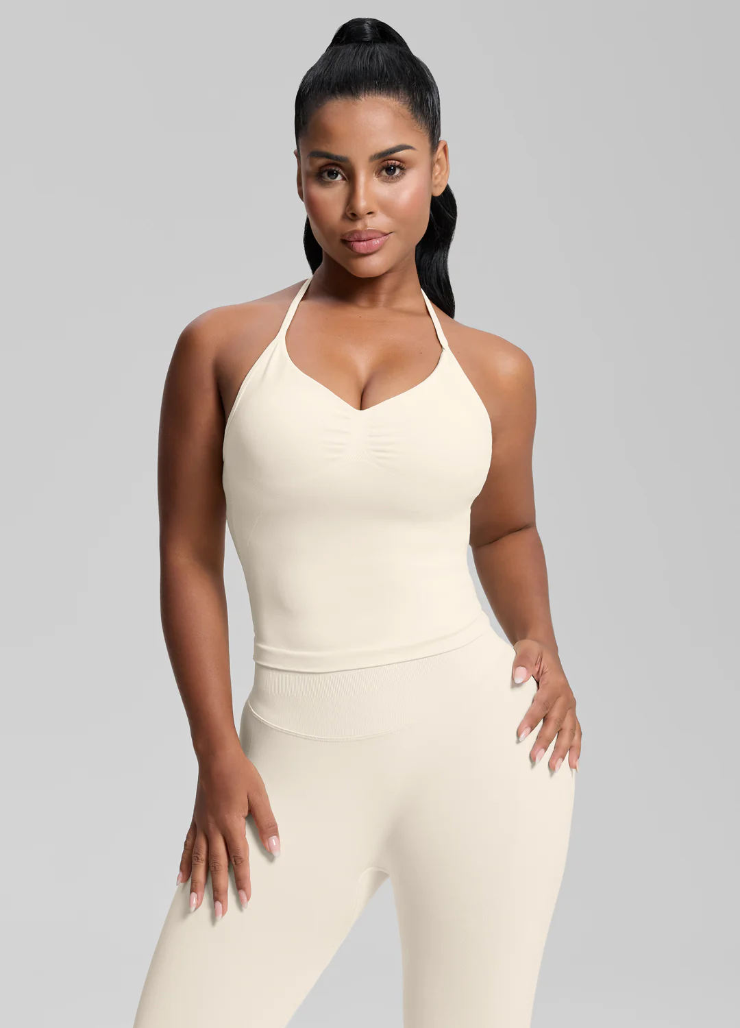 Ultrasculpt Longline Halterneck Form-Fitting Built-in Bra Twill Knit Tank Top - Image 5