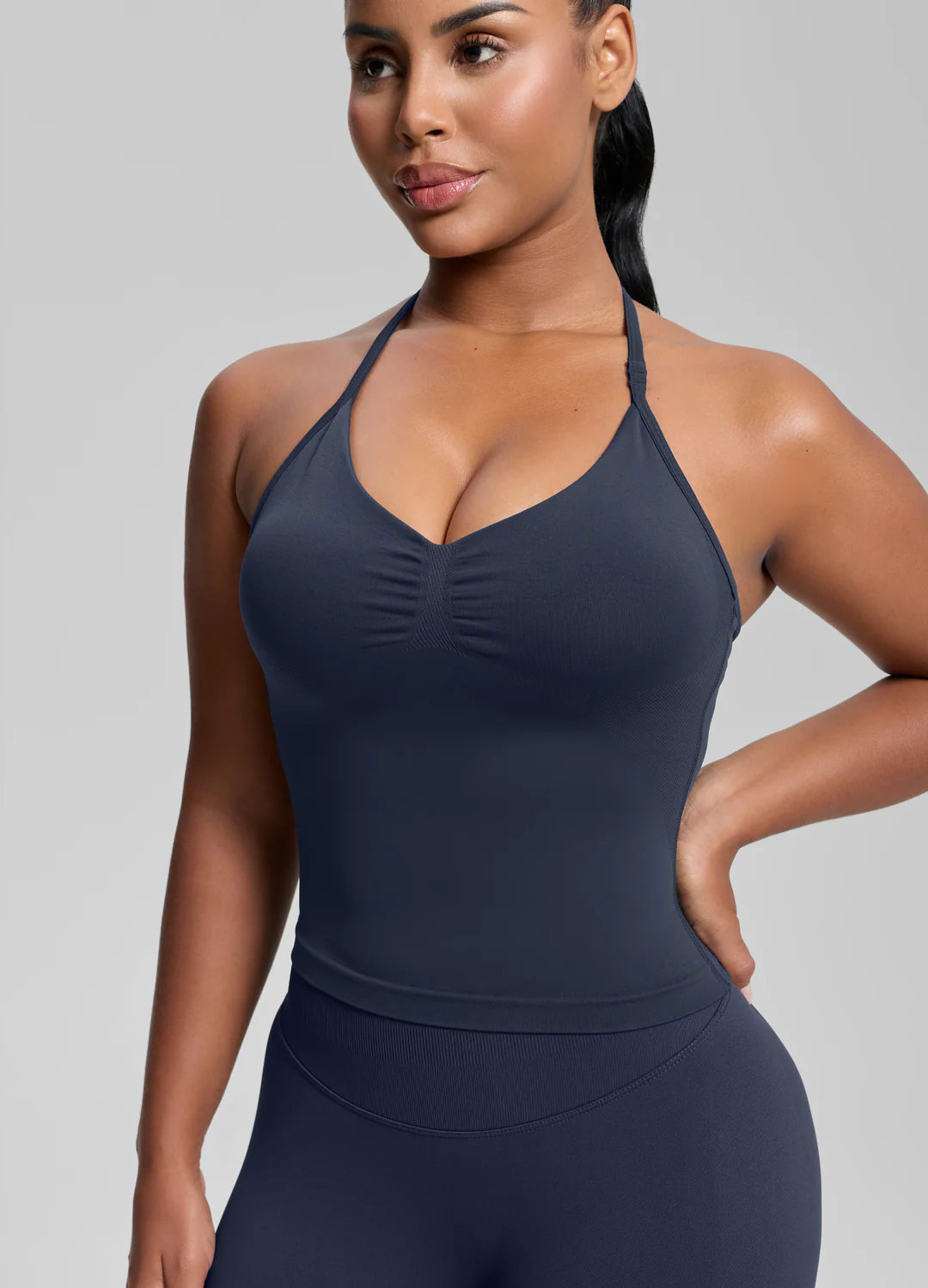 Ultrasculpt Longline Halterneck Form-Fitting Built-in Bra Twill Knit Tank Top - Image 4