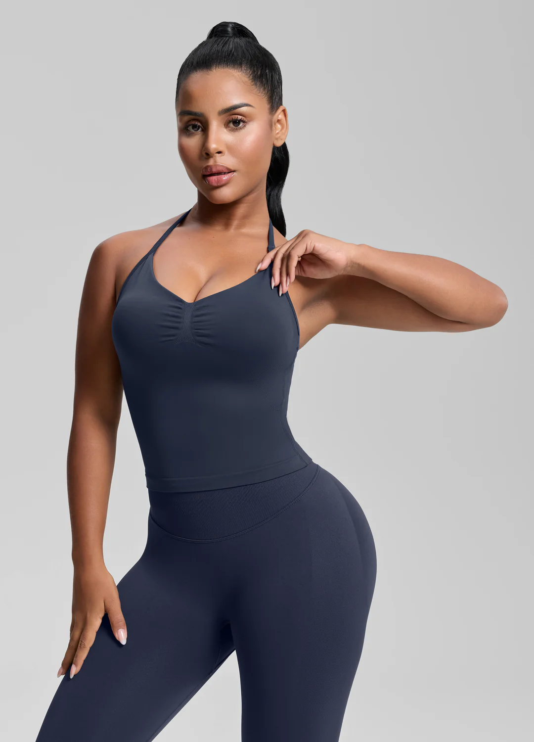 Ultrasculpt Longline Halterneck Form-Fitting Built-in Bra Twill Knit Tank Top - Image 5