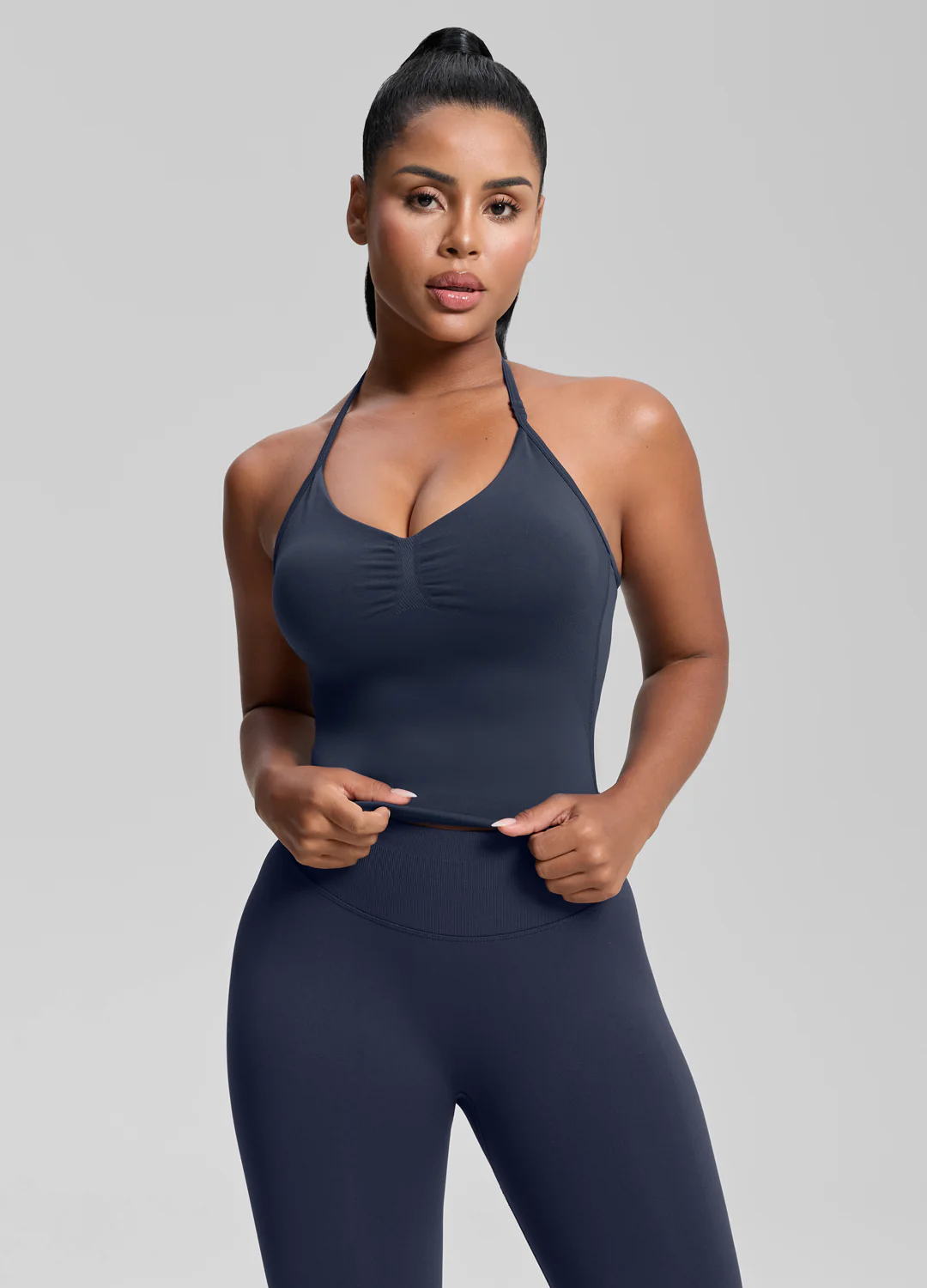 Ultrasculpt Longline Halterneck Form-Fitting Built-in Bra Twill Knit Tank Top - Image 6