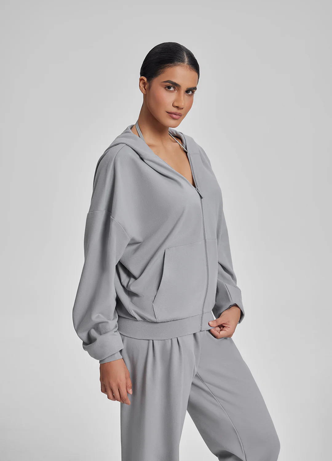 Relaxed Oversized Full Zipper Kangaroo Pockets Soft Hoodie - Image 2